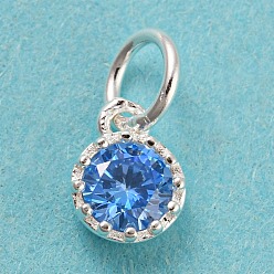 Cornflower Blue 925 Sterling Silver Charms, with Cubic Zirconia, Faceted Flat Round, Silver, Cornflower Blue, 7x5x2.5mm, Hole: 3mm