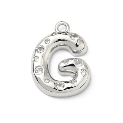 Letter G Латунные микропаве прозрачные подвески с фианитом, без кадмия и без свинца, долговечный, стойки покрытие, платина, Буква G, 21x16x4 мм, отверстие : 1.8 мм