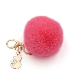 Cerise Imitation Rabbit Fur Pom-Pom & Cat Keychain, Bag Pendant Decoration, Cerise, 8cm