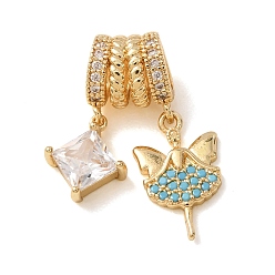 Golden Brass Micro Pave Cubic Zirconia European Dangle Charms, Large Hole Pendants, Cat & Rhombus, Golden, 26.5x10.5x7.5mm, Hole: 5.5x4.3mm