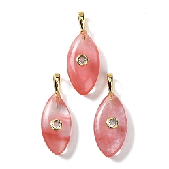 Cuarzo de la Cereza Cuarzo de la cereza colgantes de cristal, con detalles de latón dorado micro pavé de circonita cúbica transparente, dije con forma de ojo de caballo, 32~34x13.5~14.5x7.5~8 mm, agujero: 5x3 mm