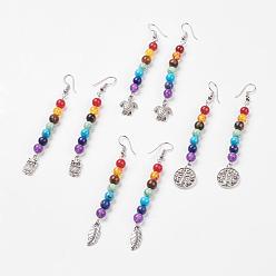 Mixed Stone Gemstone Chakra Dangle Earrings, with Brass Earring Hooks and Alloy Pendants, Mixed Shape, 82~88mm, Pin: 0.6mm, Pendant: 15~22x7~17x1.5~3mm