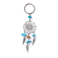Synthetic Turquoise Woven Web/Net with Wing Alloy Pendant Keychain, with Synthetic Turquoise Chips and Iron Split Key Rings, 11cm