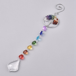 Colorful Crystals Chandelier Suncatchers Prisms, Octogon Chakra Hanging Pendants, with Gemstone Chips, for Home, Garden Decoration, Flat Round with Tree of Life, Colorful, 308mm