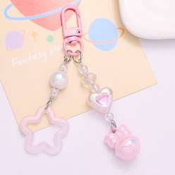 Pink Cute Acrylic Star and Bell Shape Pendant Keychain, with Clasp, Pink, Pendant: 76x30x18mm