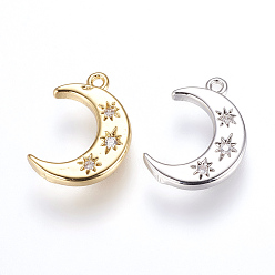 Mixed Color Brass Charms, with Cubic Zirconia, Moon, Mixed Color, 16x10x2mm, Hole: 1.2~1.5mm