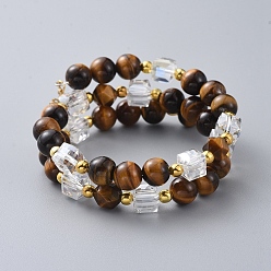 Tiger Eye Two Loops Fashion Wrap Bracelets, with Natural Tiger Eye Beads, Cube Glass Beads, Lotus Flower 304 Stainless Steel Charms and Iron Spacer Beads, 2 inch(5cm)