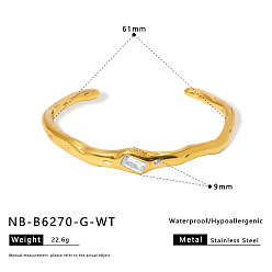 Золотой 304 Браслеты-манжеты из нержавеющей стали с микропаве из прозрачных кубических цирконий для женщин, прямоугольные, золотые, внутренний диаметр: 2.40 дюйм (6.1 см)