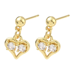 Прозрачный Серьги-гвоздики в форме сердца из латуни с микропаве из кубического циркония ко Дню святого Валентина, без кадмия и без свинца, долговечный, стойки покрытие, реальный 18 k позолоченный, прозрачные, 18x10 мм