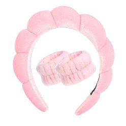 Pink 3-piece spa hairband wristband handmade sewing. Velvet Spa Headband and Wristband Set - Fashionable, Makeup Sponge, Headband.