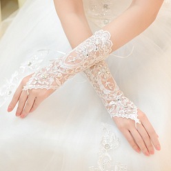 Floral White Flower Parttern Lace Gloves, with Glass Findings, for Wedding Bride Supplies, Floral White, 200mm