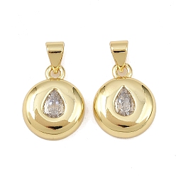 Teardrop Латуни циркония кубической подвески, плоские круглые прелести, без свинца и без кадмия, долговечный, стойки покрытие, реальный 18 k позолоченный, слеза, 15x12x4 мм, отверстие : 4x3.5 мм
