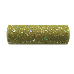 Olive 10 Yards Sparkle Polyester Tulle Fabric Rolls, Deco Mesh Ribbon Spool with Paillette, for Wedding and Decoration, Olive, 15cm
