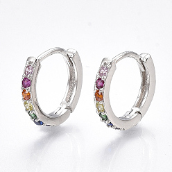 Real Platinum Plated Brass Micro Pave Cubic Zirconia Huggie Hoop Earrings, Ring, Real Platinum Plated, 2.5x14mm, Pin: 1mm