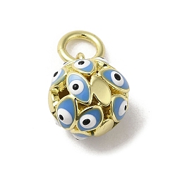 Light Sky Blue Brass Enamel Charms, with Jump Ring, Real 18K Gold Plated, Round with Evil Eye Charm, Light Sky Blue, 12.5x10mm, Hole: 3.6mm