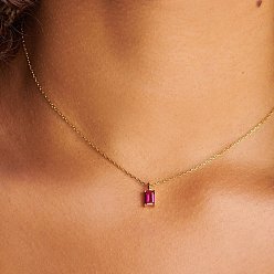 Magenta Birthstone Style Cubic Zirconia Rectangle Pendant Necklaces, Golden Titanium Steel Necklace, Magenta, 15.75 inch(40cm)