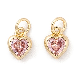 Pearl Pink Brass inlaid Cubic Zirconia Pendants, with Jump Ring, Long-Lasting Plated, Heart, Real 18K Gold Plated, Pearl Pink, 9.5x7x3mm, Hole: 3.6mm
