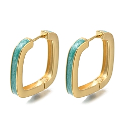 Средний Бирюзовый Квадратные латунные серьги-кольца с покрытием стойки, с эмалью, долговечный, без свинца и без кадмия, реальный 18 k позолоченный, средне бирюзовый, 24.5x24.5x4 мм