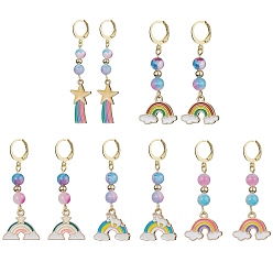 Mixed Color Rainbow Natural White Jade(Dyed) Hoop Earrings, Alloy Dangle Earrings for Women, Mixed Color, 50~60mm