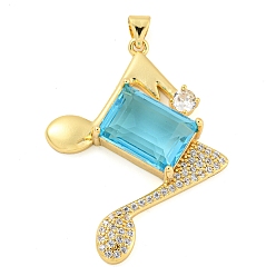 Темно-Голубой Покрытие стойки латунь микропаве прозрачные подвески из кубического циркония, со стеклом, долговечный, без кадмия и без свинца, реальный 18 k позолоченный, прелести музыкальных нот, глубокое синее небо, 37x30.5x7 мм, отверстие : 4x3.5 мм