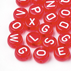 Red Transparent Acrylic Beads, Horizontal Hole, Mixed Letters, Flat Round, Red, 7x4mm, Hole: 1.5mm, about 3700pcs/500g
