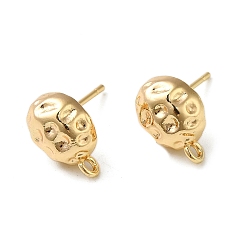 Real 18K Gold Plated Brass Stud Earring Finding with Loops, Textured Oval, Real 18K Gold Plated, 12x8mm, Hole: 1.4mm, Pin: 10x0.8mm