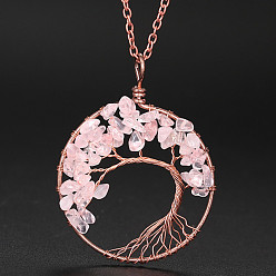Rose Quartz Natural Rose Quartz Chip Tree of Life Pendant Necklaces, Alloy Cable Chain Necklace for Women, 20-7/8 inch(53cm)