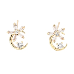 Light Gold Moon with Flower Brass Micro Pave Cubic Zirconia Stud Earrings, with Glass, Light Gold, 11x7.5mm