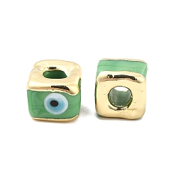 Dark Sea Green Brass Enamel Beads, Long-Lasting Plated, Real 18K Gold Plated, Square with Evil Eye Pattern, Dark Sea Green, 10~12x10~12x8~9mm, Hole: 4~4.5mm
