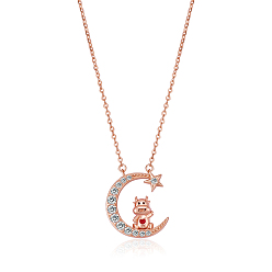 Cattle Chinese Zodiac Necklace Ox Necklace 925 Sterling Silver Rose Gold Cattle on the Moon Pendant Charm Necklace Zircon Moon and Star Necklace Cute Animal Jewelry Gifts for Women, Cattle, 15 inch(38cm)