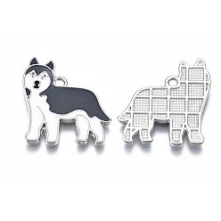 Gray Rack Plating Alloy Enamel Dog Pendants, Lead Free & Nickel Free & Cadmium Free, Platinum, Huskie, Gray, 25x23x2mm, Hole: 1.8mm