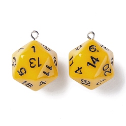 Yellow Opaque Acrylic Pendants, with Platinum Plated Iron Findings, Faceted, Polyhedral Dice, D20, Yellow, 27.5x20x20mm, Hole: 2mm