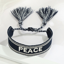 Black and White PEACE Embroidered Tassel Bracelet with Personalized Alphabet Design - Fashionable Couple's Wristband in Multiple Styles