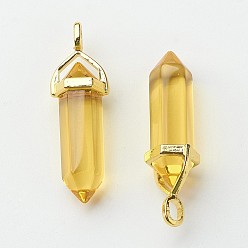 Yellow Glass Pointed Pendants, with Alloy Finding, Golden, Bullet, Yellow, 37~40x12.5x10mm, Hole: 3x4.5mm