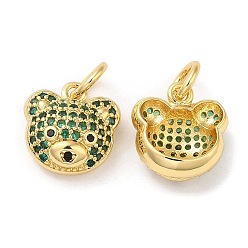 Green Brass Pendants, with Cubic Zirconia, Lead Free & Cadmium Free, Bear Charms, Real 18K Gold Plated, Green, 12.5x12x5mm, Hole: 4mm
