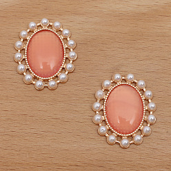 Light Salmon Retro Alloy Cabochons, with Imitation Cat Eye and Pearl, Oval, Light Gold, Light Salmon, 28x23mm