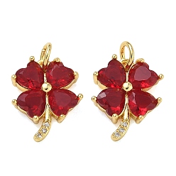 Red Brass Micro Pave Cubic Zirconia with Glass Pendants, Clover Charms, Rack Plating, Long-Lasting Plated, Cadmium Free & Lead Free, Golden, Red, 15.5x12x3.5mm, Hole: 3mm