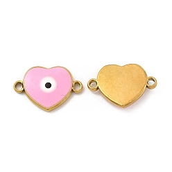 Pearl Pink 201 Stainless Steel Enamel Connector Charms, Real 24K Gold Plated, Heart Links with Evil Eye, Pearl Pink, 18x12.5x2.5mm, Hole: 1.6mm