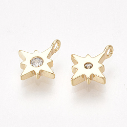 Clear Brass Cubic Zirconia Charms, Star, Nickel Free, Real 18K Gold Plated, Clear, 9x7x1.5mm, Hole: 0.8mm