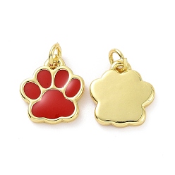 Red Rack Plating Brass Enamel Charms, with Jump Ring, Long-Lasting Plated, Real 18K Gold Plated, Cadmium Free & Lead Free, Dog's Paw Print, Red, 11.5x10x1.5mm, Jump Ring: 4x0.6mm, Inner Diameter: 2.5mm