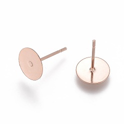 Rose Gold 304 Stainless Steel Stud Earring Findings, Flat Round, Rose Gold, 8x0.3mm, Pin: 0.7mm