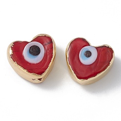FireBrick Brass Beads, with Enamel, Real 18K Gold Plated, Heart with Evil Eye, FireBrick, 14.5x16x7mm, Hole: 1.6mm