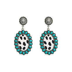 Blue Bohemian Leather Earrings with Turquoise Print - Creative, Exaggerated and Fashionable Ear Drops