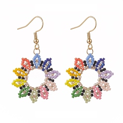 Colorful Glass Seed Beaded Sunflower Dangle Earrings, Real 18K Gold Plated 304 Stainless Steel Jewelry for Women, Colorful, 50mm, Pin: 0.7mm