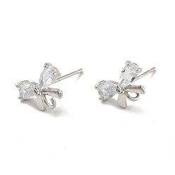 Platinum Bowknot Rack Plating Brass Micro Pave Cubic Zirconia Stud Earring Findings, with Vertical Loop, Long-Lasting Plated, Cadmium Free & Lead Free, Platinum, 10.5x7.5x2.7mm, Hole: 1.2mm, Pin: 0.7mm