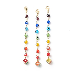 Mixed Color 7 Chakra Handmade Lampwork Evil Eye Beaded Pendant Decorations, with Alloy Enamel Dice and 304 Stainless Steel Lobster Claw Clasps, Mixed Color, 110mm