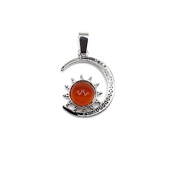 Carnelian Natural Carnelian Pendants, Antique Silver Plated Alloy Moon with Sun Charms, 28x22mm