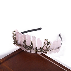Rose Quartz Moon Branch Metal Crown Hair Bands, Raw Natural Rose Quartz Wrapped Hair Hoop for Women Girl, 150x140x60mm