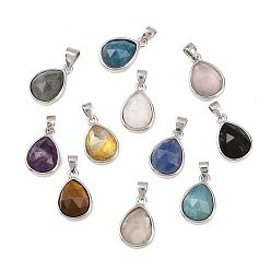 Смешанные камни Природных драгоценных камней подвески, с фурнитурой латунной золотого тона, слезинки, граненые, платина, 14.5x9.5x5 мм, отверстие : 2.5x3.5 мм