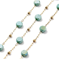 Dark Cyan 304 Stainless Steel Handmade Beaded Chain, with Electroplated Glass, with Spool, Soldered, Real 18K Gold Plated, Flat Round, Dark Cyan, 5.5x5.5x3.5mm, about 16.40 Feet(5m)/Roll